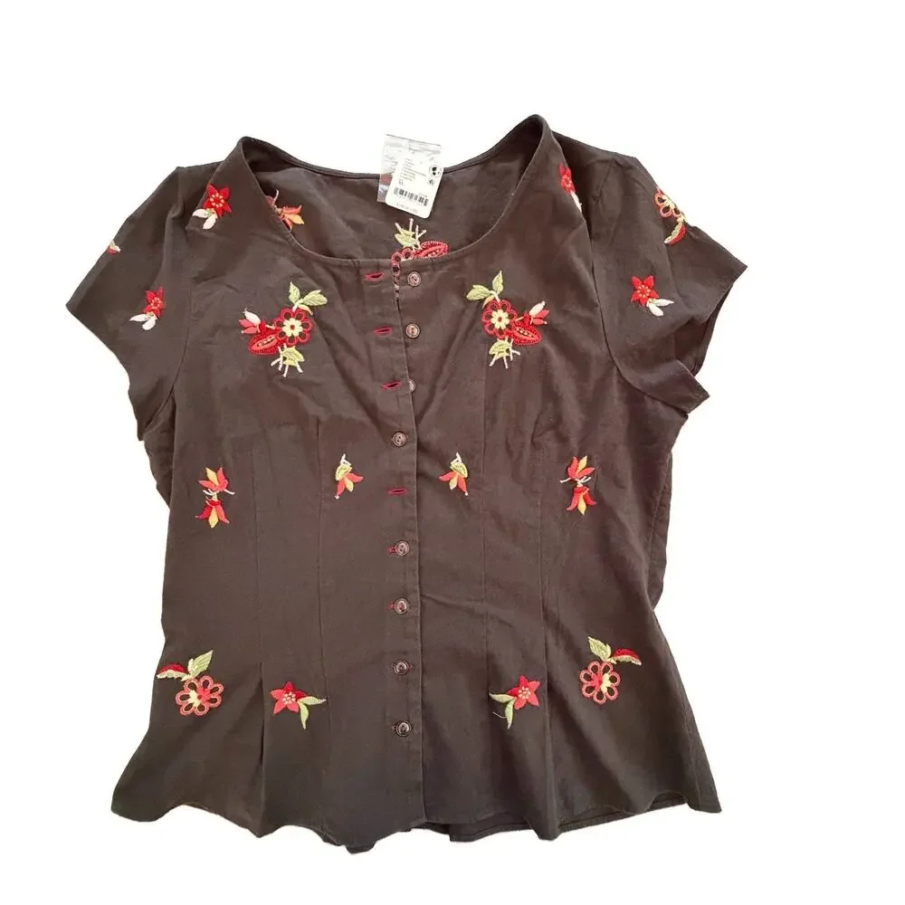 New Free People Kelly Black Floral Embroidered Button Detail Blouse XL $148 NWT
